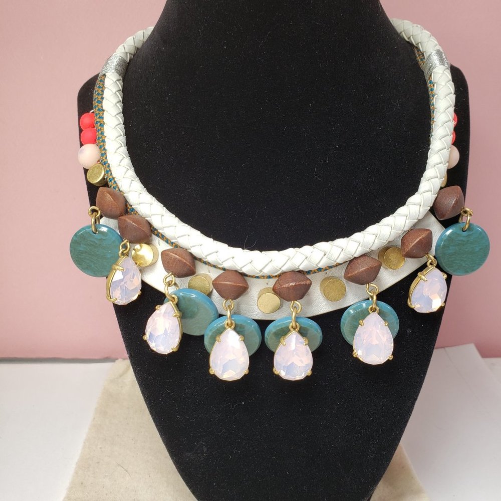 J. Crew Leather, Wood & Crystal Drops Necklace